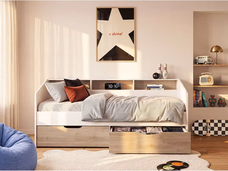 PAULETTE Bed met lades en lattenbodem, Wit en natuurlijk, B/D/H: 90 x 200 x 112,7 cm
