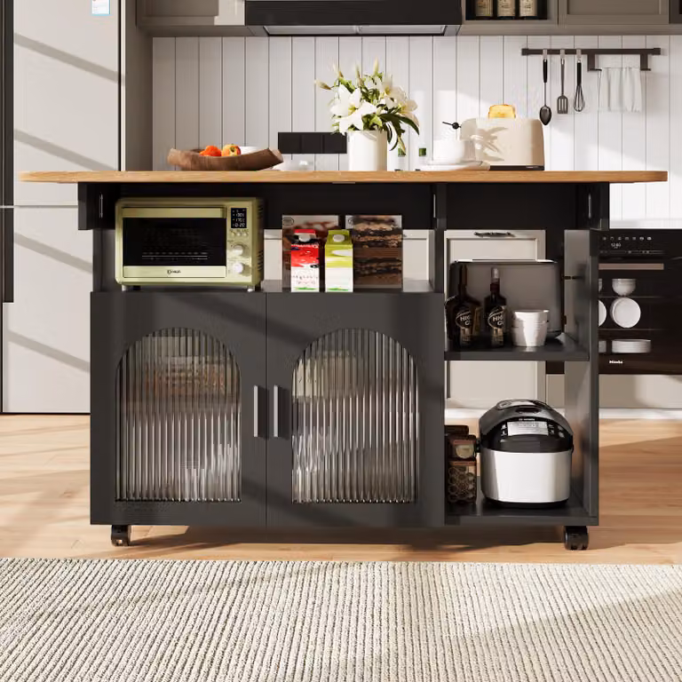 Aosom Modern Keukeneiland met Klapbaar Tafelblad, Zwart en Naturel
