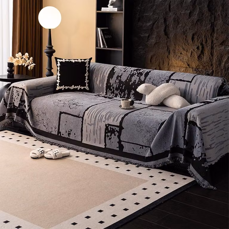 Grijs Chenille Banksprei met Chinese Klassieke Stijl en Jacquard Weving, 180 x 320 cm
