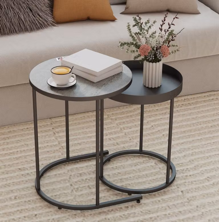 OKWISH Bijzettafels Set van 2 - Ronde Inschuifbare Salontafels - Industrieel Metaal Grijs - Diameter: 42 cm