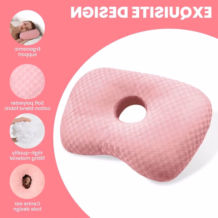 Ergonomisch Slaapkussen voor Zijslapers met Gat voor Gevoelige Oren, Verstelbaar, Katoen en Polyester, Roze