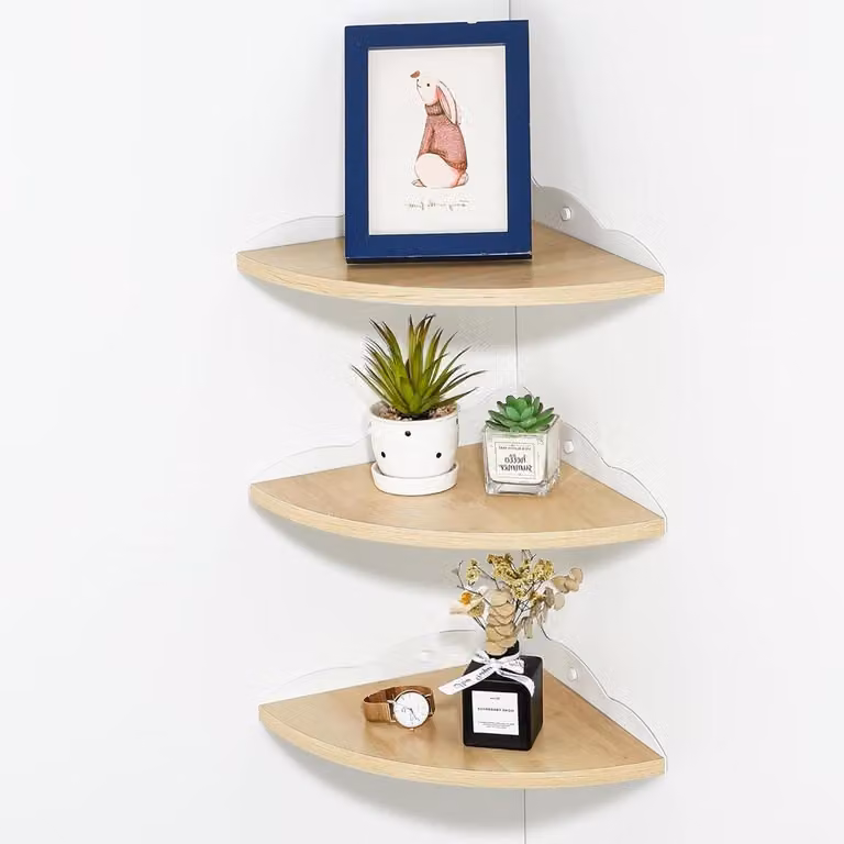 Set van 3 witte driehoekige hoekplanken voor wandmontage met kabelgoot