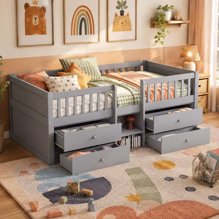 Welltin Kinderbed met lades en vangrail, Grijs, 90 x 200 cm