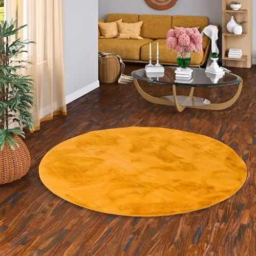 Pergamon Plush Luxe Rond Vloerkleed van Kunstbont - Curry