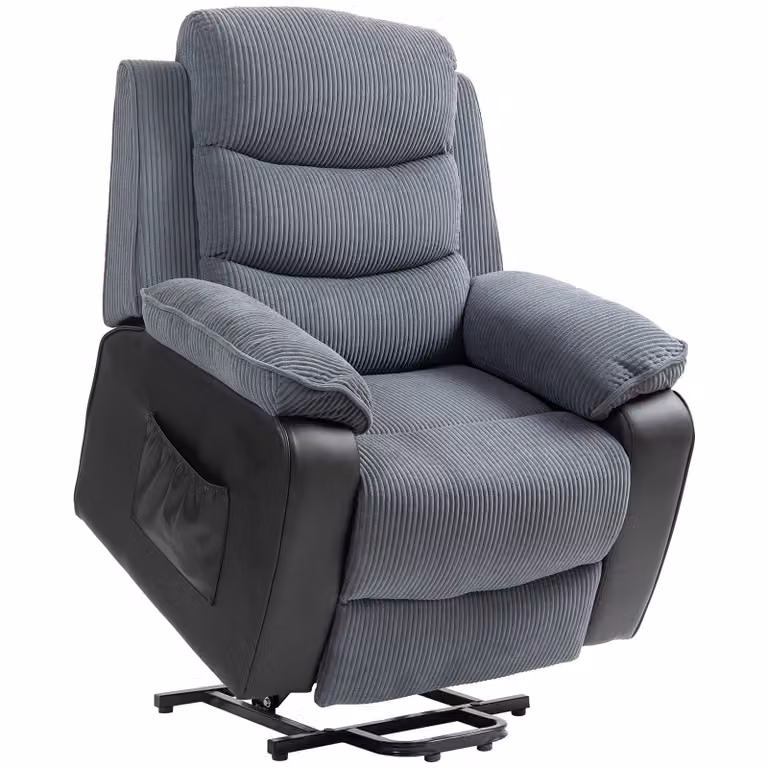 HOMCOM Sta-op-stoel met zachte corduroybekleding, verstelbare fauteuil met afstandsbediening en zijvakken, donkergrijs