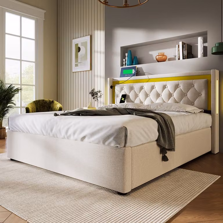 KOMHTOM Tweepersoonsbed met opbergvak, USB Type-C aansluiting en LED-verlichting, 140 x 200 cm