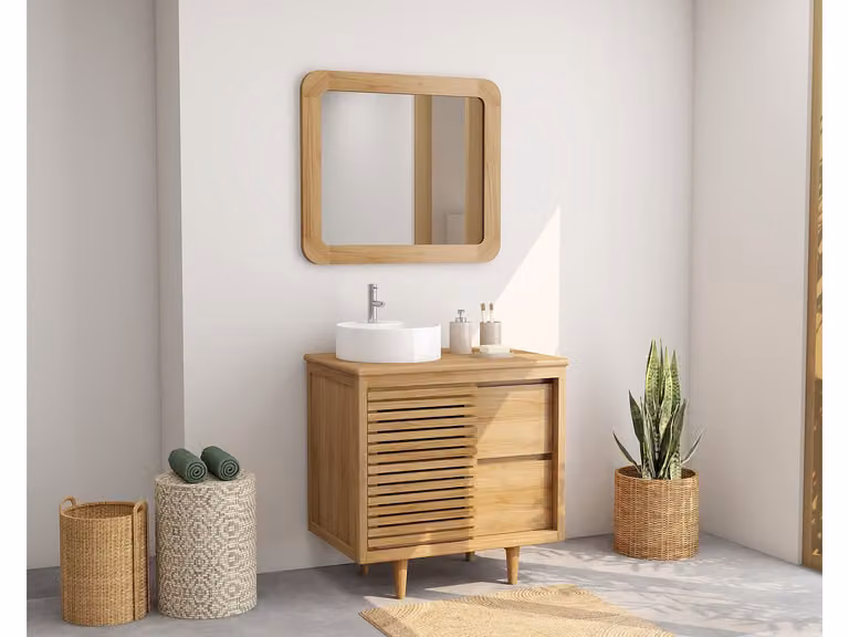 Vente-unique Badkamermeubel TORAJA van teakhout met ronde keramische opzetwastafel, Bruin/Wit, Breedte: 80 cm
