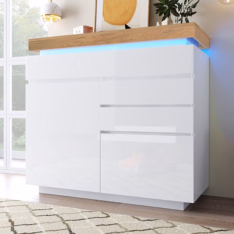 Wishdor Dressoir Wit met Led-verlichting en Hoogglans - Modern - B/D/H: 115 x 39 x 110 cm