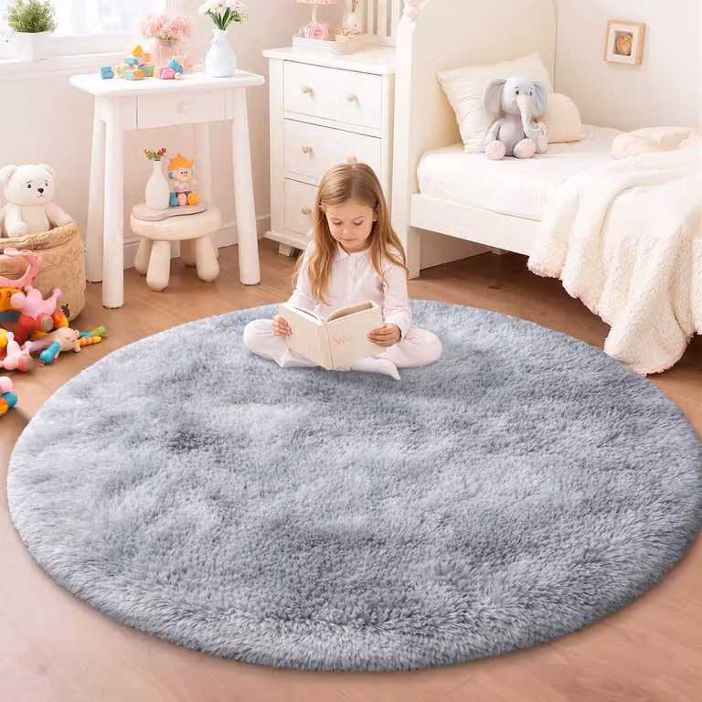 Modern Pluizig Vloerkleed voor Kinderkamer, Slaapkamer of Woonkamer, Abstract Tie-Dye Lichtgrijs, 160 cm