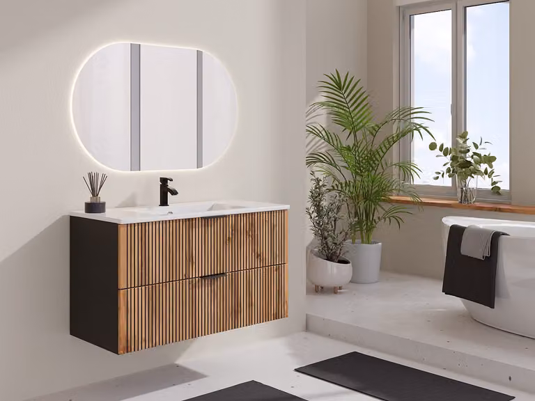 MADELA Geribbeld zwevend meubel onder wastafel - Beige en zwart - Breedte: 100 cm
