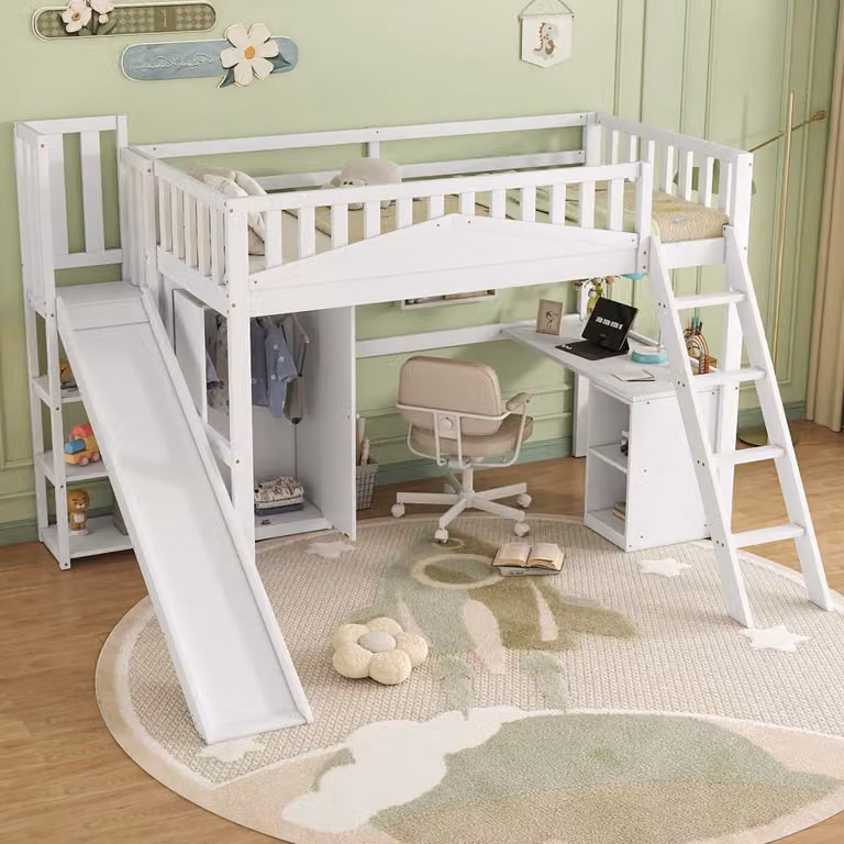 VVBV Hoogslaper met Glijbaan, Bureau en Kast - Eenpersoonsbed voor Kinderen - Wit - 90 x 200 cm