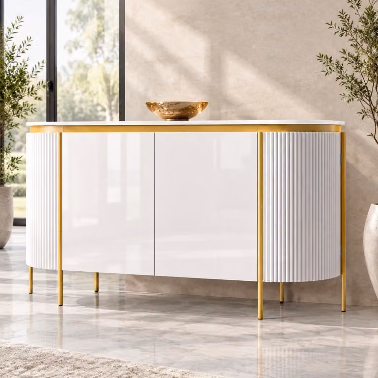 OKWISH Moderne ovale salontafel met legplank en geribbelde voorkant, wit