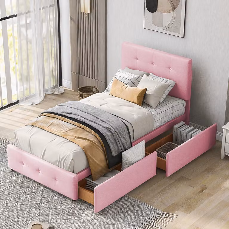 MODENUIT Gestoffeerd Bed met Lattenbodem, Rugleuning en Opberglade, Fluweel, Roze, 90 x 200 cm