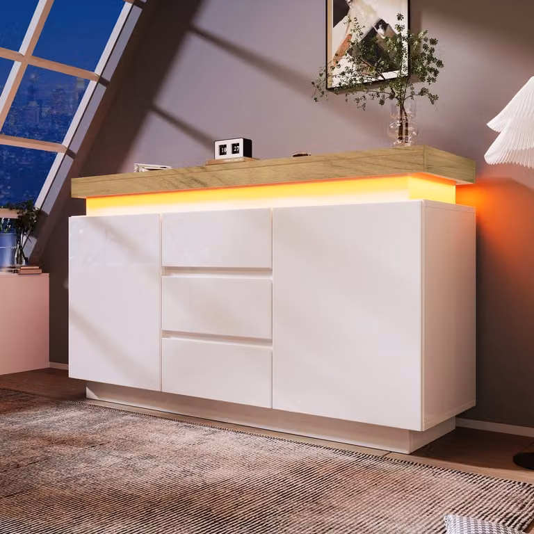 Wit Hoogglans Dressoir met 2 Deuren, 3 Lades en LED-verlichting met App-bediening, B/D/H: 140 x 39 x 81 cm