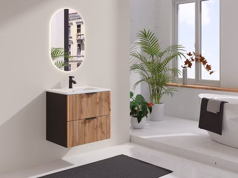 MADELA Hangmeubel voor badkamer met inbouwwastafel, Licht naturel en zwart, Breedte: 60 cm