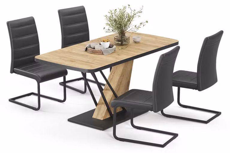 Vicco Fenaro Eettafelset met 4 eetkamerstoelen, Goudkleurig Eiken en Zwart, B: 120 cm, D: 80 cm, H: 76 cm