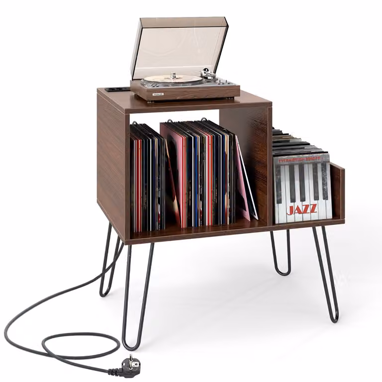 Costway Platenspelerstandaard met Stopcontact - Moderne Bijzettafel in Mid-century Stijl met Metalen Poten voor Maximaal 145 Albums - Bruin