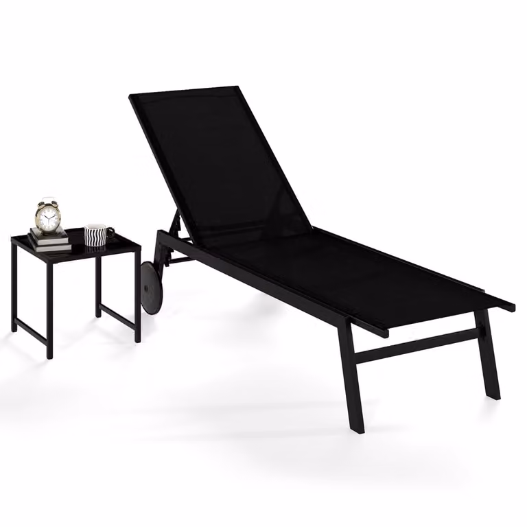 Costway Ligstoel met Verstelbare Rugleuning in 6 Standen en Salontafel van Gehard Glas, Zwart