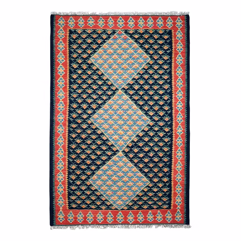 home24 Kelim Senneh laagpolig vloerkleed blauw multicolor wol B: 101 cm, H: 153 cm
