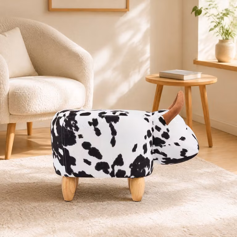 REDOM Hocker met koevormig ontwerp en gestoffeerde zitting in zwart en wit, B/D/H: 62 x 35 x 36 cm