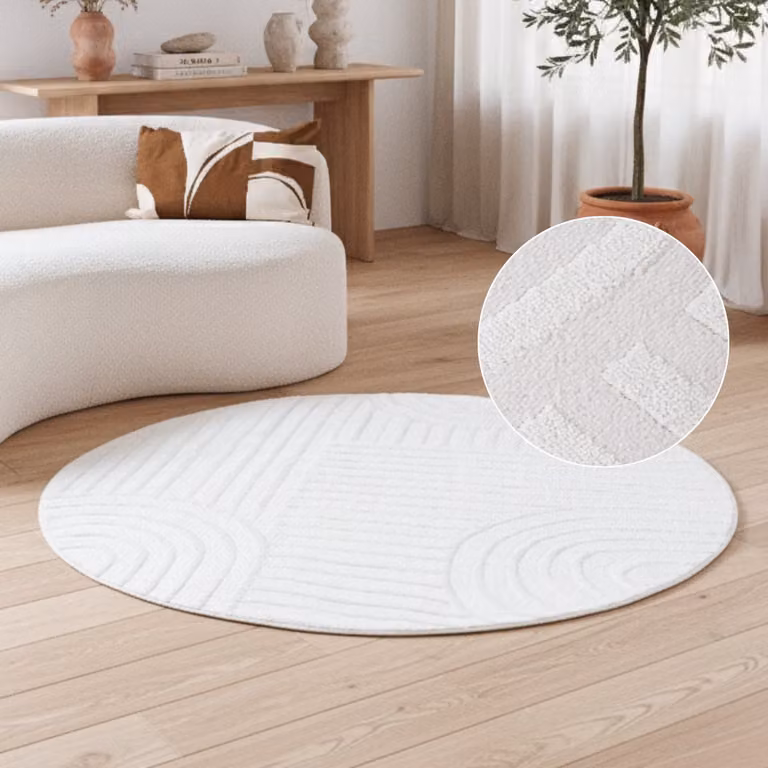 TAPISO Hygge Rond Vloerkleed Crème-Wit Modern Laagpolig 3D Geometrisch Tapijt voor Woonkamer en Slaapkamer Diameter: 200 cm