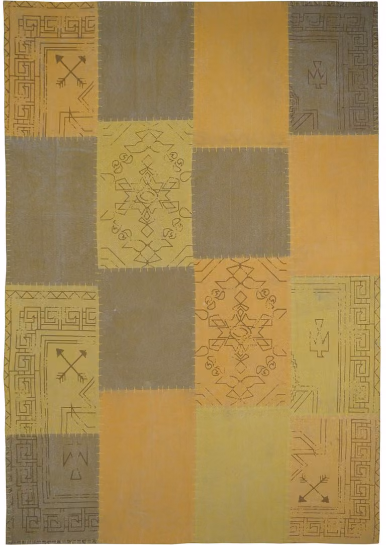 Padiro laagpolig vloerkleed oker/geel met patchworkontwerp en vintage-ornamenten van katoen B/D: 120 x 170 cm