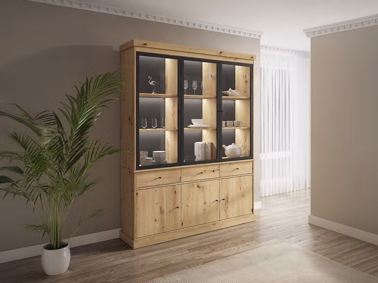 MARSORIA Vitrinekast met opbergruimte en ledverlichting - Naturel en zwart