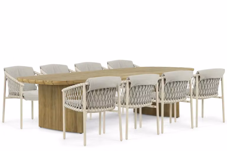 4 Seasons Outdoor Allora/Falcon 9-delige tuinset met teak en beige kussens, 300 cm