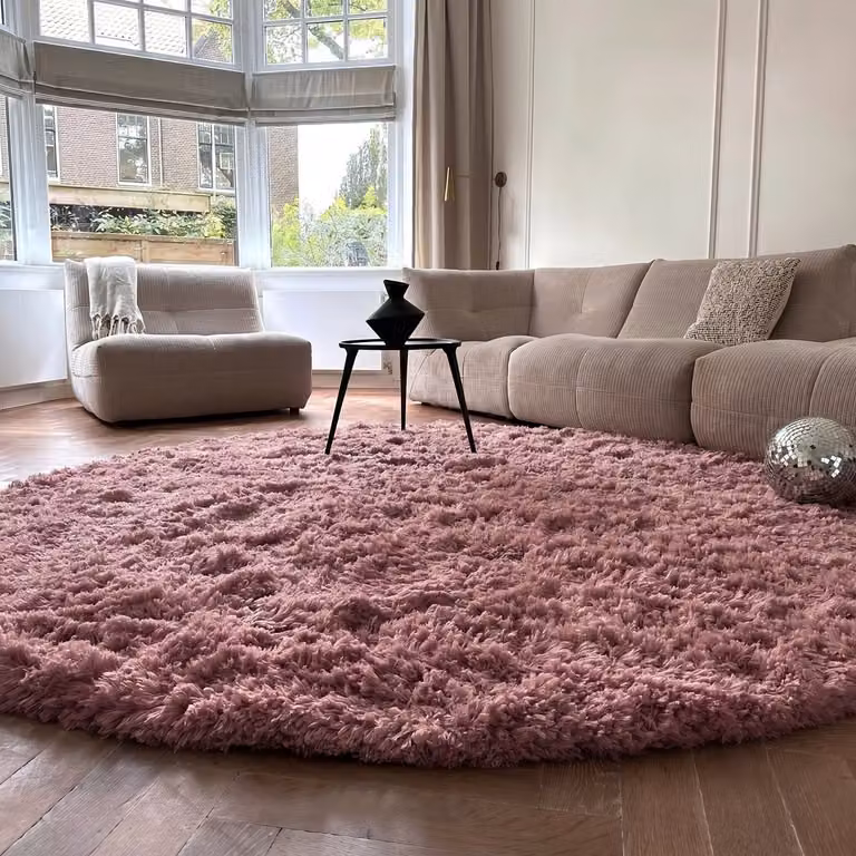 Rond hoogpolig vloerkleed Pilo Darkpink Polyester Diameter: 160 cm