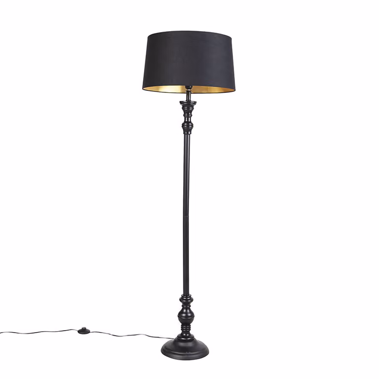 Qazqa Vloerlamp voor woonkamer en hal met katoenen kap in zwart en goud, Hoogte: 45 cm