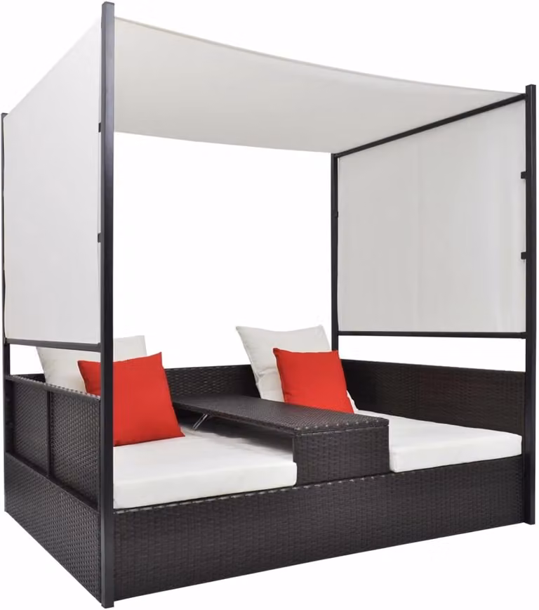 Zonneligbed van polyrotan met bruin dak, B/D: 190 x 130 cm