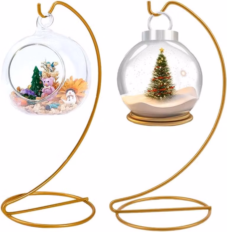 Decoratieve presentatiestandaard voor 2 glazen ornamenten met gouden ijzerdraad voor kerstballen, hanglampen en terrariums