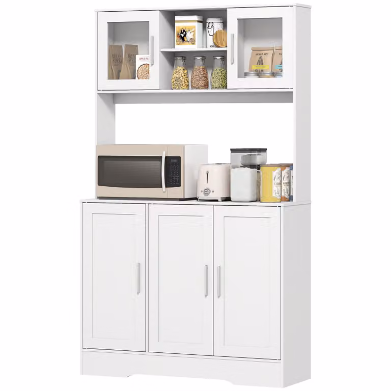 HOMCOM Keukenkast in Scandinavisch Design met Glazen Deuren en 6 Verstelbare Planken, Wit, B/D/H: 108 x 35 x 180 cm
