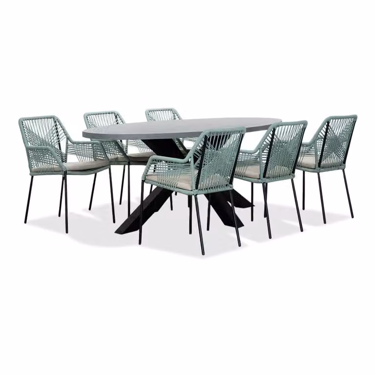 Stockholm/Seville mint eettafelset voor 6 personen met betonlook en touw, 200 cm ovaal
