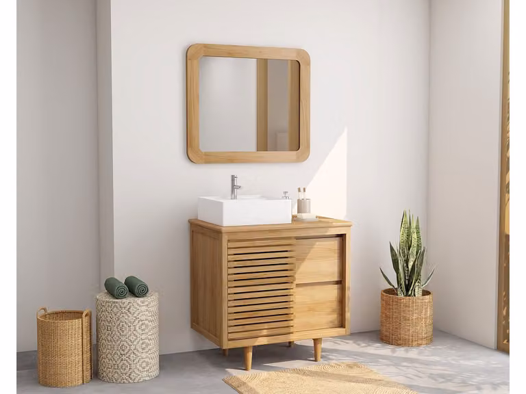 Toraja Badkamermeubel van teakhout met vierkante keramische opzetwastafel - Breedte: 80 cm