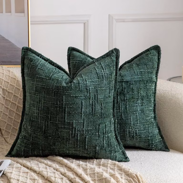 SnelShoppen Set van 2 Chenille Kussenhoezen Groen - Boho Decoratieve Kussens - B/D/H: 45 x 45 x 45 cm