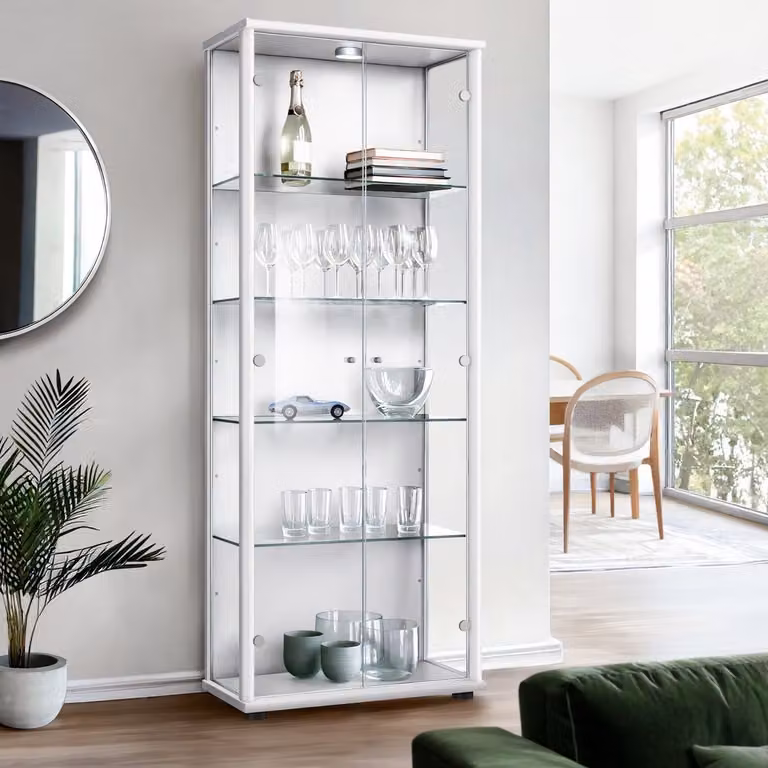 K-Möbel Vitrinekast met glazen deuren en LED-verlichting, Wit, H x B x D: 176 x 67 x 33 cm