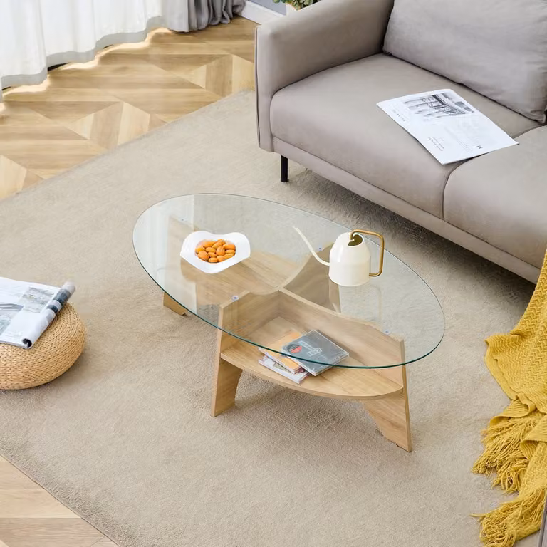 OKWISH Salontafel met ovaal veiligheidsglas en onderplank in MDF houtlook, Transparant, 104,9 x 60 cm