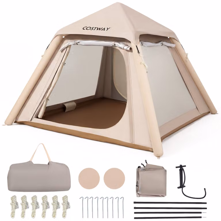Costway Opblaasbare Campingtent voor 2-4 Personen met Afneembare Luifel en Zonbescherming