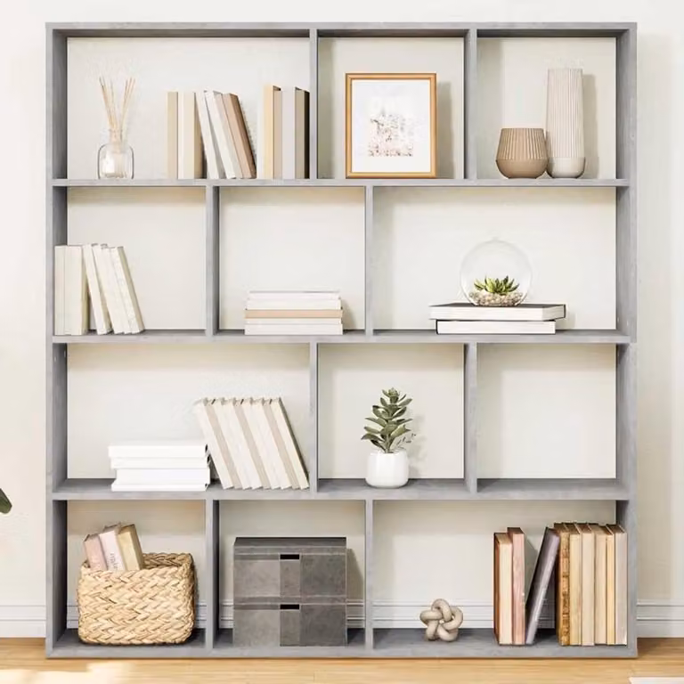 Betongrijze boekenkast met 12 open vakken, B: 132 cm, H: 141 cm