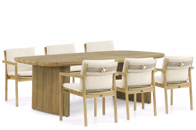 Santika Furniture Santika Suka Falcon 7-delige eettafelset van teak met beige kussens en 240 cm tafel
