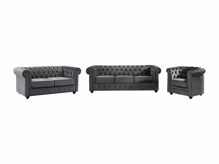 Vente-unique Chesterfield set met drie- en tweezitsbank en fauteuil in antraciet velours