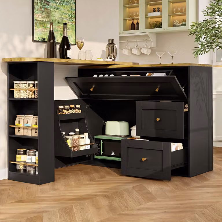 REDOM Uittrekbare bartafel met opbergruimte en 360 graden draaiplateau, zwart, B/D/H: 138-204 x 39 x 105 cm
