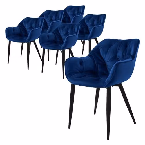 ML-Design set van 6 eetkamerstoelen donkerblauw met fluwelen zitting en armleuningen