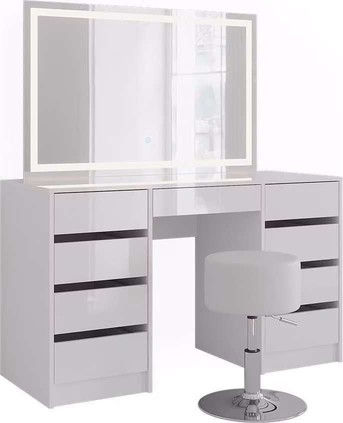 Vicco Kaptafel set met kruk Sherry Wit/Wit Hoogglans, Breedte: 128.2 cm, met LED-spiegel