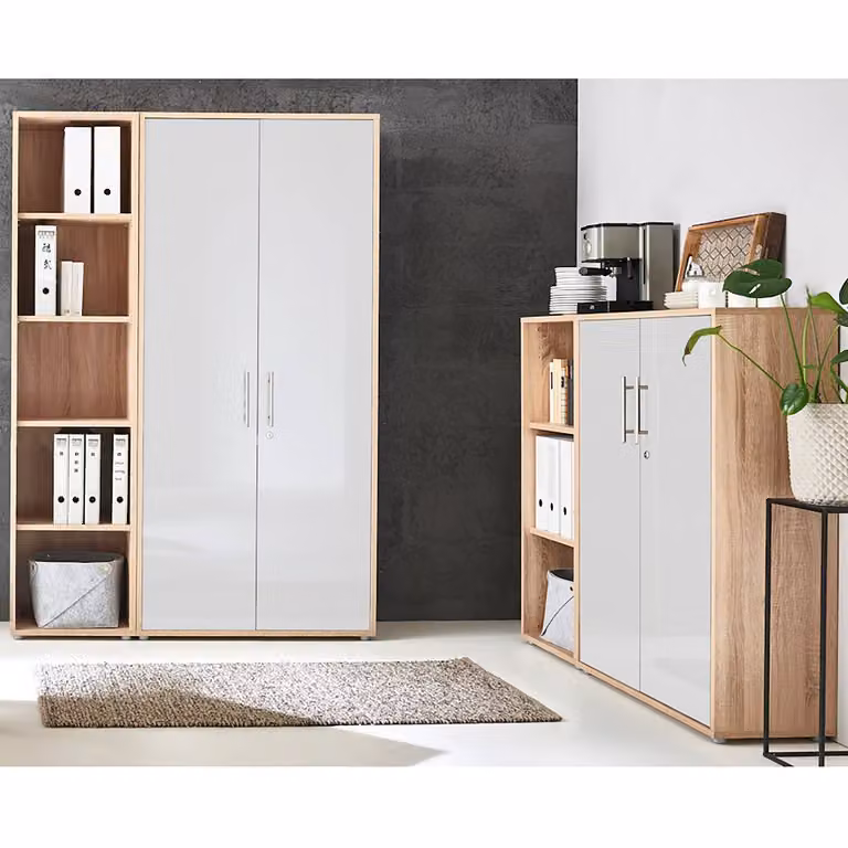 home24 Kastenset 4-delig, bruin/Sonoma eikenhout en hoogglans wit, B/D/H: 85 x 33 x 186 cm