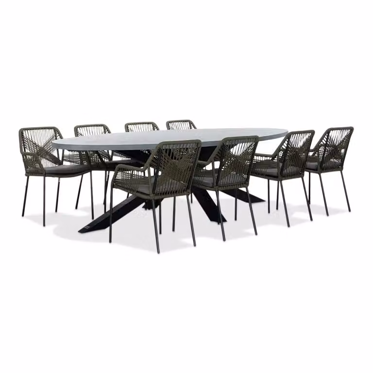 Stockholm/Seville olijfgroene dining tuinset voor 8 personen met betonlook en touw, 280 cm ovaal