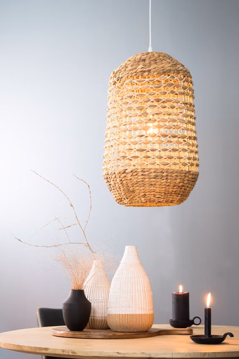 Light & Living Tripoli Gevlochten Hanglamp van Rattan en Hout, Wit/Beige, Breedte: 37,5 cm