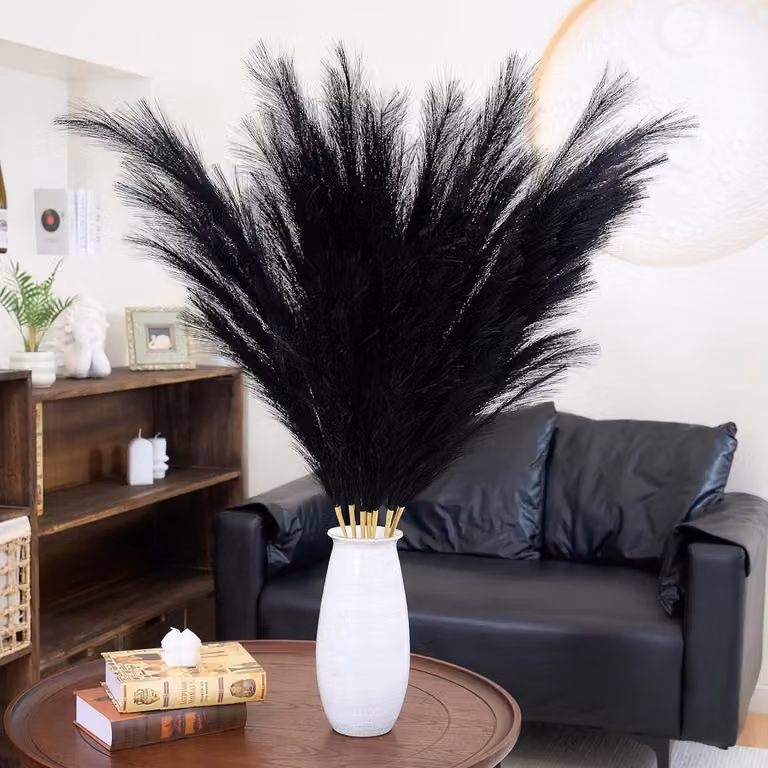 SnelShoppen Premium Kunst Pampasgras Zwart - 8 Stuks - 110 cm - Luxe Fluffy Lange Kunstveren Bloemen voor Boho Woonkamer Decoratie