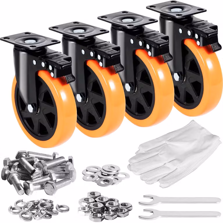 Set van 4 geruisloze zwenkwielen met zwenkplaat, 15 cm, oranje, PVC en staal, geschikt voor karren en meubels